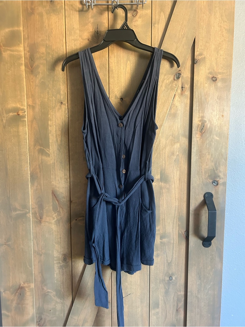 Vici Navy Sleeveless Button-Front Romper with Tie Waist